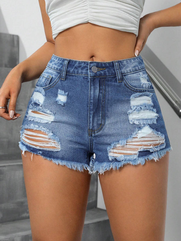 Essnce Pantalones Cortos De Mezclilla Desgastados Con Borde Deshilachado Y Bolsillos Para Mujer