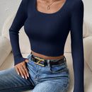 Essnce Sueter Casual De Manga Larga Para Mujeres De Ajuste Delgado, Recortado Con Cuello Redondo Grande Para Primavera Y Otono