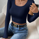 Essnce Sueter Casual De Manga Larga Para Mujeres De Ajuste Delgado, Recortado Con Cuello Redondo Grande Para Primavera Y Otono