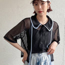 FRIFUL Camisa de malla para mujer con cuello de solapa doblada, huecos en el tejido y bloques de color