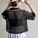 FRIFUL Camisa de malla para mujer con cuello de solapa doblada, huecos en el tejido y bloques de color