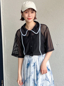 FRIFUL Camisa de malla para mujer con cuello de solapa doblada, huecos en el tejido y bloques de color