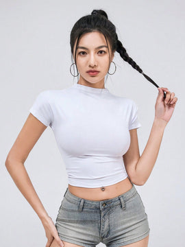 DAZY Camiseta De Manga Corta De Cuello Alto Enada De Color Solido Con Proteccion Solar Para El Sol