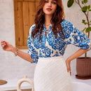 VCAY Camisa de manga corta para mujer con estampado aleatorio y corbata delantera