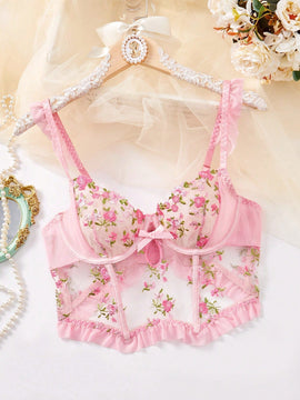 Sujetador Floral De Malla Transparente Bordado Para Mujeres