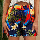 TRVLCHIC Shorts de playa de pierna recta de cintura alta para mujer con patron impreso tejido para vacaciones de verano