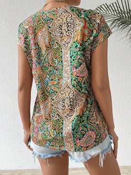 Essnce Blusa de manga murcielago con cuello en V y estampado all-over