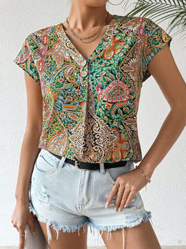 Essnce Blusa de manga murcielago con cuello en V y estampado all-over