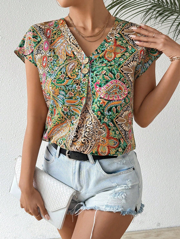 Essnce Blusa de manga murcielago con cuello en V y estampado all-over