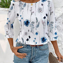 LUNE Camisa de mujer con textura de rayas de onda del oceano y estampado floral digital