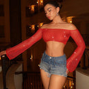 BAE Top corto de crochet en forma de oxido con mangas acampanadas, ropa de concierto, top de crochet, estilo hawaiano, conjunto de festival de musica, cubierta de traje de bano y ropa de playa para mujeres