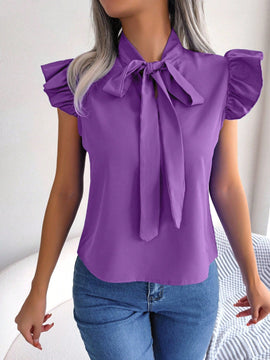 Blusa De Estilo Europeo/americano De Primavera/verano Para Uso Diario Con Decoracion De Borde Con Volantes Y Cuello Con Lazo