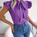 Blusa De Estilo Europeo/americano De Primavera/verano Para Uso Diario Con Decoracion De Borde Con Volantes Y Cuello Con Lazo