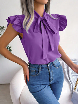 Blusa De Estilo Europeo/americano De Primavera/verano Para Uso Diario Con Decoracion De Borde Con Volantes Y Cuello Con Lazo
