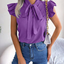 Blusa De Estilo Europeo/americano De Primavera/verano Para Uso Diario Con Decoracion De Borde Con Volantes Y Cuello Con Lazo