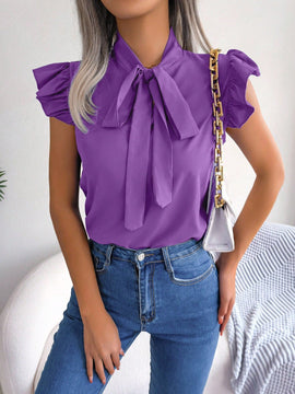 Blusa De Estilo Europeo/americano De Primavera/verano Para Uso Diario Con Decoracion De Borde Con Volantes Y Cuello Con Lazo