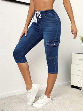 Pantalones capri ajustados con cordon elastico diseno de bolsillo para primavera y verano