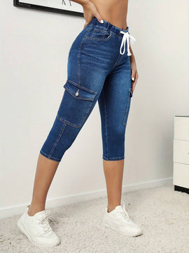 Pantalones capri ajustados con cordon elastico diseno de bolsillo para primavera y verano