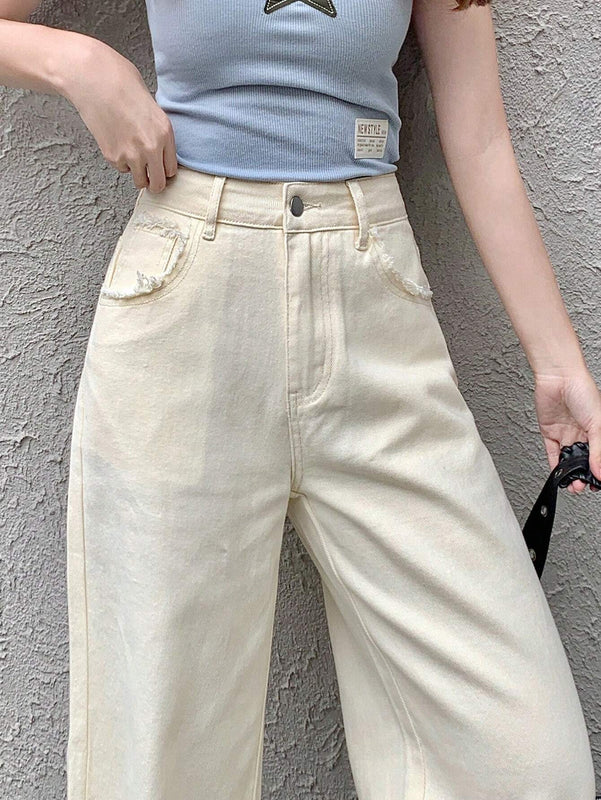 DAZY Jeans de pierna ancha de un solo color con bolsillos y borde sin rematar
