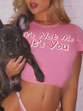 Camiseta De Verano Para Mujer Con Eslogan Impreso, Ajuste Cenido Y Corto