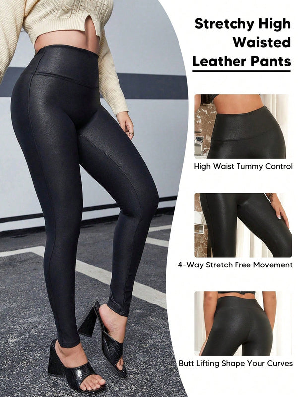 Pantalones De PU Ajustados Para Mujer Con Diseno Roto