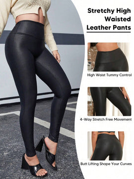 Pantalones De PU Ajustados Para Mujer Con Diseno Roto