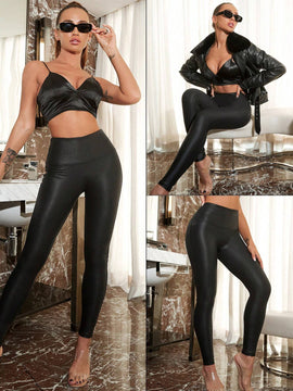 Pantalones De PU Ajustados Para Mujer Con Diseno Roto