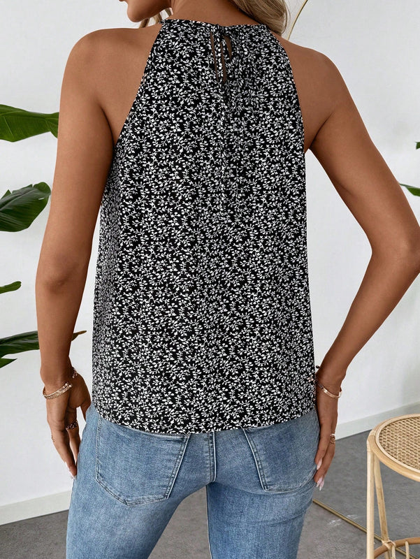 LUNE Blusa Sin Mangas De Verano Para Mujer Con Cuello Halter Y Estampado En Blanco Y Negro De Plantas