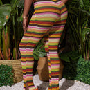 Slayr Pantalones de tejido de crochet de punto de rayas coloridas con abertura en el dobladillo para mujer, delgados y perfectos para usar en vacaciones de verano, festivales de musica, etc.