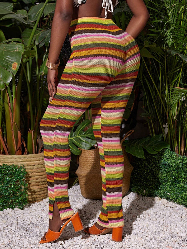 Slayr Pantalones de tejido de crochet de punto de rayas coloridas con abertura en el dobladillo para mujer, delgados y perfectos para usar en vacaciones de verano, festivales de musica, etc.