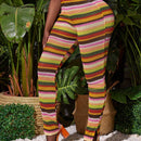 Slayr Pantalones de tejido de crochet de punto de rayas coloridas con abertura en el dobladillo para mujer, delgados y perfectos para usar en vacaciones de verano, festivales de musica, etc.