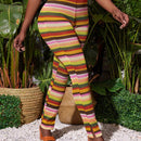 Slayr Pantalones de tejido de crochet de punto de rayas coloridas con abertura en el dobladillo para mujer, delgados y perfectos para usar en vacaciones de verano, festivales de musica, etc.