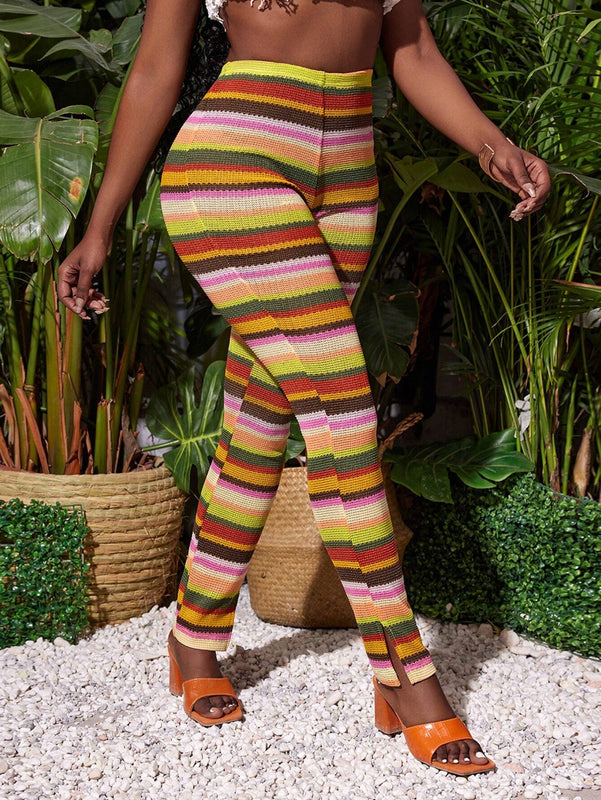 Slayr Pantalones de tejido de crochet de punto de rayas coloridas con abertura en el dobladillo para mujer, delgados y perfectos para usar en vacaciones de verano, festivales de musica, etc.