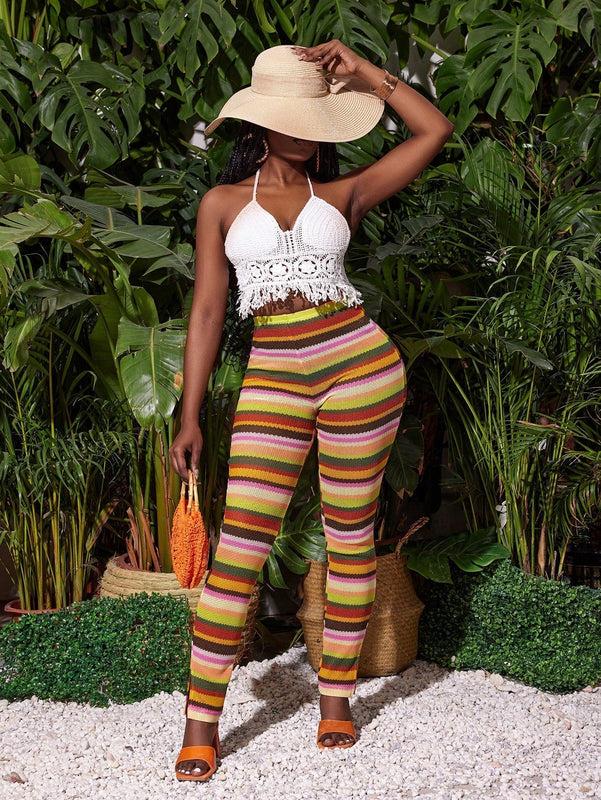 Slayr Pantalones de tejido de crochet de punto de rayas coloridas con abertura en el dobladillo para mujer, delgados y perfectos para usar en vacaciones de verano, festivales de musica, etc.