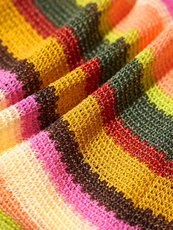 Slayr Pantalones de tejido de crochet de punto de rayas coloridas con abertura en el dobladillo para mujer, delgados y perfectos para usar en vacaciones de verano, festivales de musica, etc.