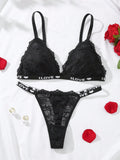 NEW  Conjunto De Lenceria Con Banda Impresa De Letras Y Encaje Para Mujeres