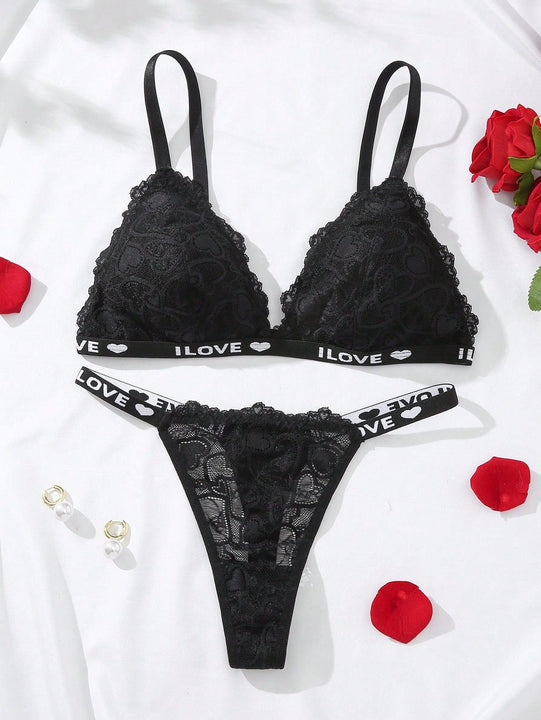 NEW  Conjunto De Lenceria Con Banda Impresa De Letras Y Encaje Para Mujeres