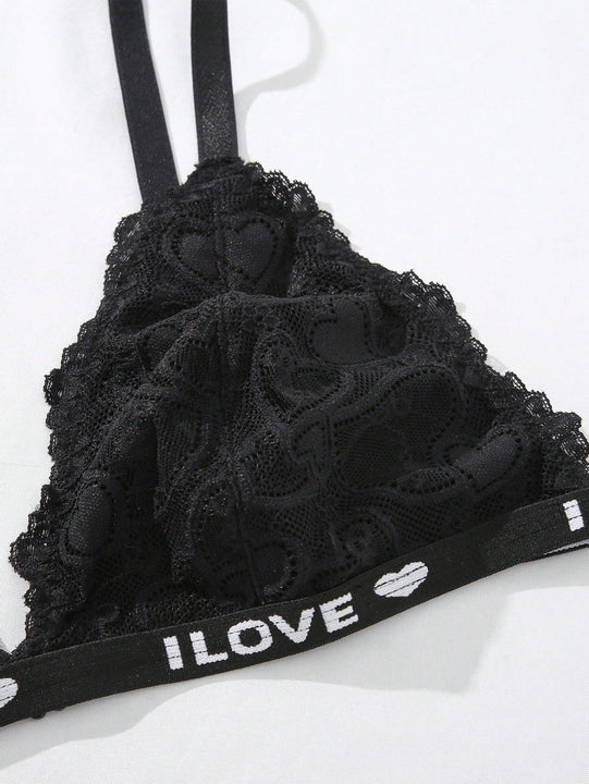 NEW  Conjunto De Lenceria Con Banda Impresa De Letras Y Encaje Para Mujeres