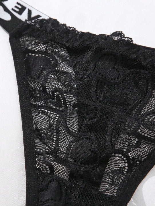 NEW  Conjunto De Lenceria Con Banda Impresa De Letras Y Encaje Para Mujeres