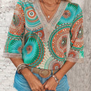 LUNE Blusa Con Cuello En V De Encaje Con Estampado De Empalme