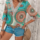 LUNE Blusa Con Cuello En V De Encaje Con Estampado De Empalme