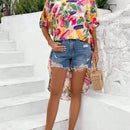 LUNE Blusa Asimetrica Con Dobladillo Para El Verano, Casual, Con Cuello En V Y Estampado Para Unas Vacaciones