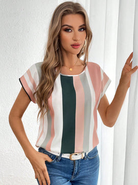 Tall Camisa de manga murcielago a rayas de bloque de color para mujer para el verano