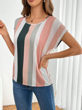 Tall Camisa de manga murcielago a rayas de bloque de color para mujer para el verano