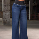 SXY Jeans casuales de pierna ancha para mujeres con dobladillo deshilachado en contraste de colores y remiendos.