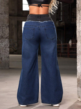 SXY Jeans casuales de pierna ancha para mujeres con dobladillo deshilachado en contraste de colores y remiendos.