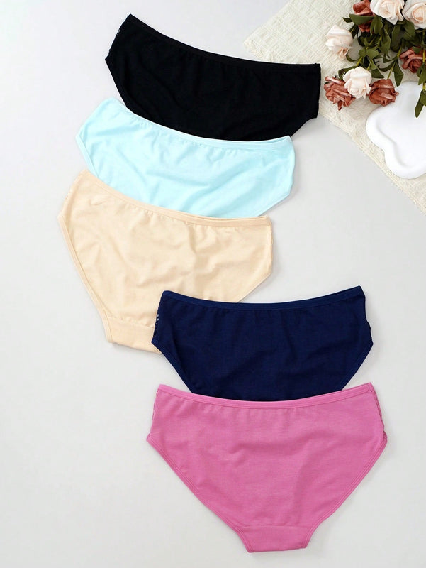 Mujeres moda unicolor encaje patchwork triangulo panties, paquete de 5