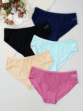 Mujeres moda unicolor encaje patchwork triangulo panties, paquete de 5