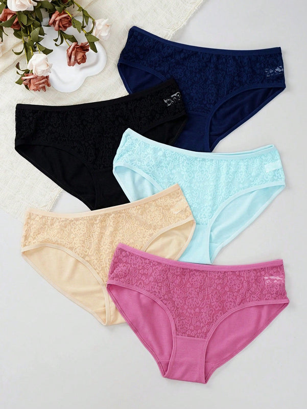 Mujeres moda unicolor encaje patchwork triangulo panties, paquete de 5