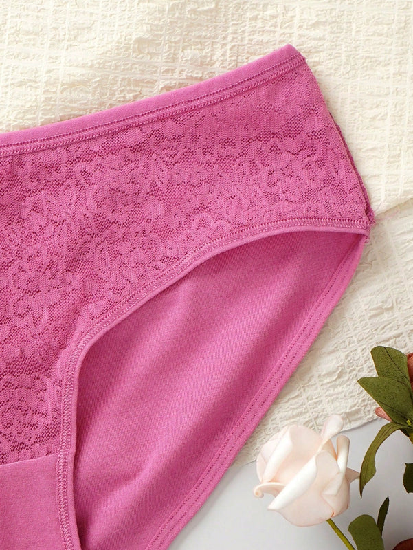 Mujeres moda unicolor encaje patchwork triangulo panties, paquete de 5